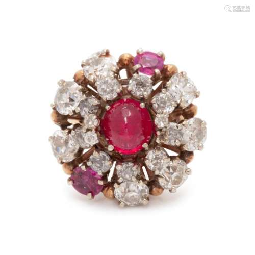 DIAMOND, RUBY AND SYNTHETIC RUBY RING