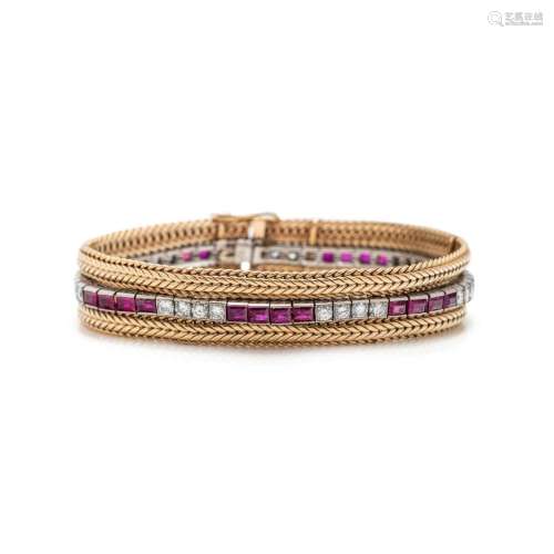YELLOW GOLD, DIAMOND AND SYNTHETIC RUBY BRACELET
