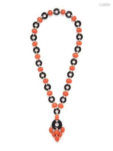 CORAL, ONYX AND DIAMOND NECKLACE