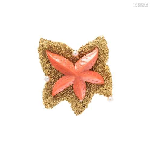 BORIS LEBEAU, YELLOW GOLD, CORAL AND CULTURED PEARL STARFISH...