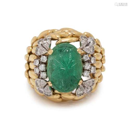 YELLOW GOLD, CARVED EMERALD AND DIAMOND RING