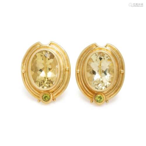 EVE ALFILLE, YELLOW GOLD AND GEMSTONE EARCLIPS