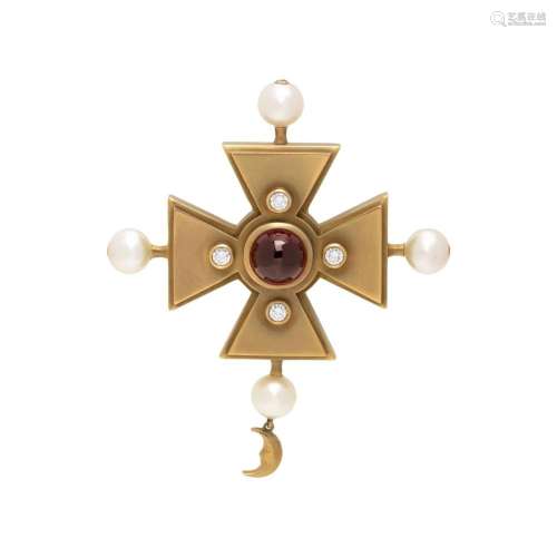 KIESELSTEIN-CORD, YELLOW GOLD, GARNET, DIAMOND AND CULTURED ...