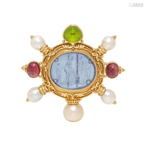 YELLOW GOLD AND MULTIGEM CAMEO BROOCH