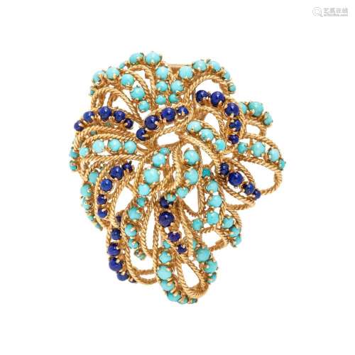 YELLOW GOLD, TURQUOISE AND LAPIS LAZULI BROOCH