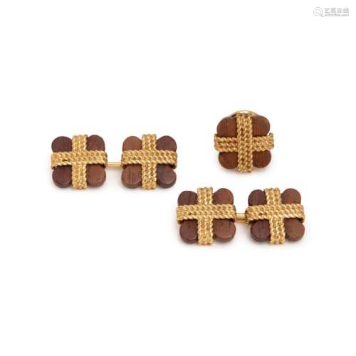VAN CLEEF & ARPELS, YELLOW GOLD AND WOOD CUFFLINKS AND T...