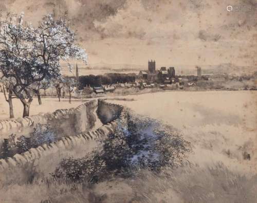 Joseph Pennell Watercolor/Ink "Wells Cathedral from N.E...