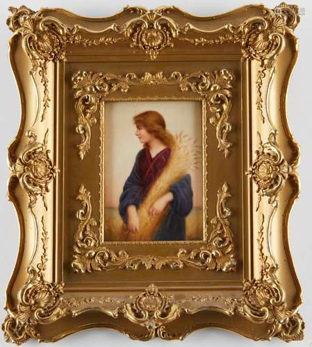 19th c. Porcelain Plaque Woman w/ Wheat