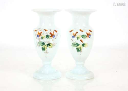 A pair of Victorian white opaque glass baluster vases, with ...