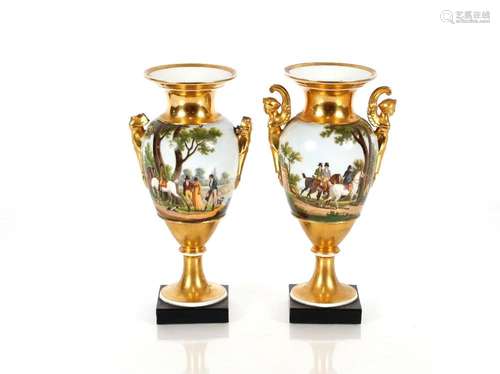 A pair of Paris porcelain gilt vases, each decorated with sc...