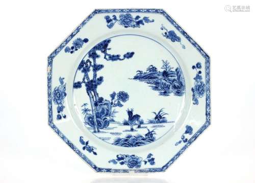 A 19th Century Chinese octagonal blue and white plate, centr...