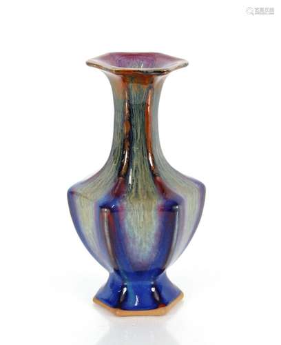 A Chinese running flambé glazed vase, of hexagonal baluster ...