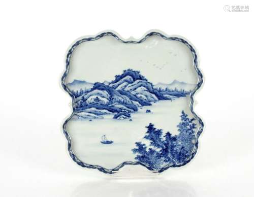 A Chinese blue and white undulating tray, with lake, boat an...