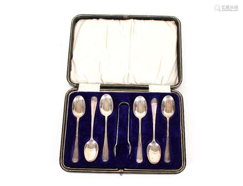 A cased set of six silver "Rat Tail" patterned tea...