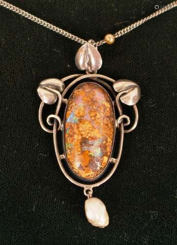 An Arts & Crafts opal and baroque pearl set pendant, dec...