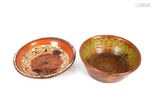 Two early European pottery slipware bowls, 33cm x 29cm dia. ...