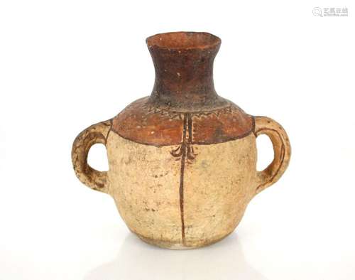 An ancient Cypriot type twin handled pottery vessel, 24cm hi...