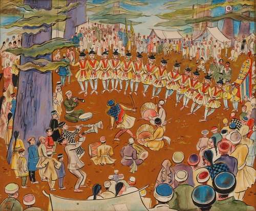 20th Century Indian school, gouache study of a celebration, ...