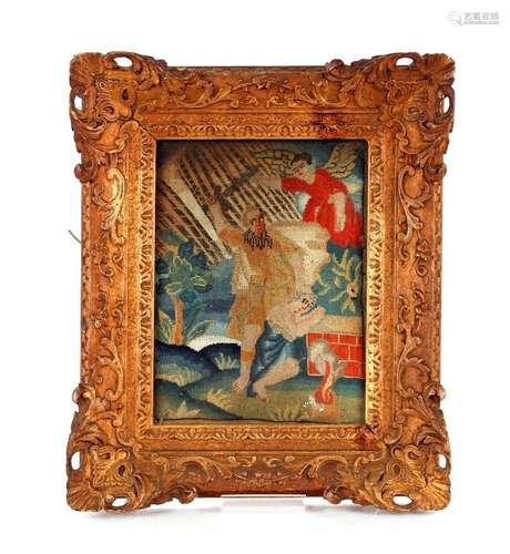 Early 18th Century framed tapestry panel, 24cm x 17.5cm cont...