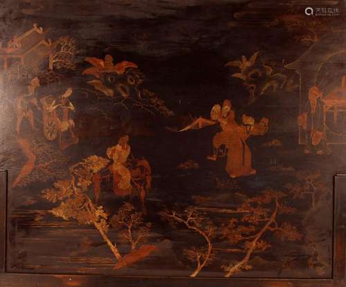 A 19th Century lacquered and chinoiserie panel, depicting fi...