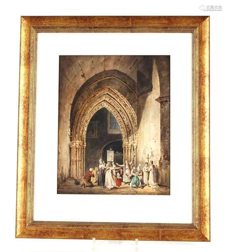 19th Century English school, study of figures in a church in...