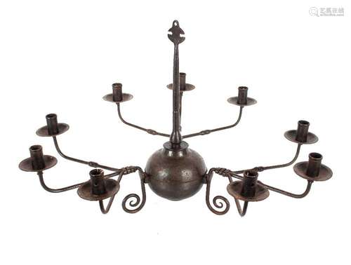 An antique iron Dutch style nine light ceiling lantern