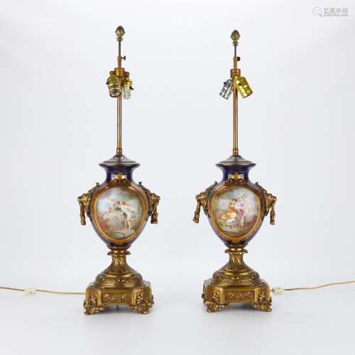 Pr French Sevres Style Lamps w/ Gilt Mounts