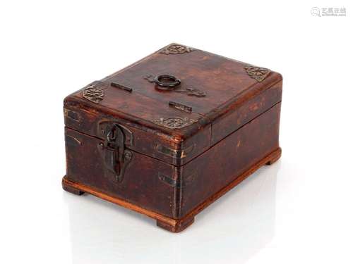 A Chinese wooden and metal bound dressing table box, the hin...