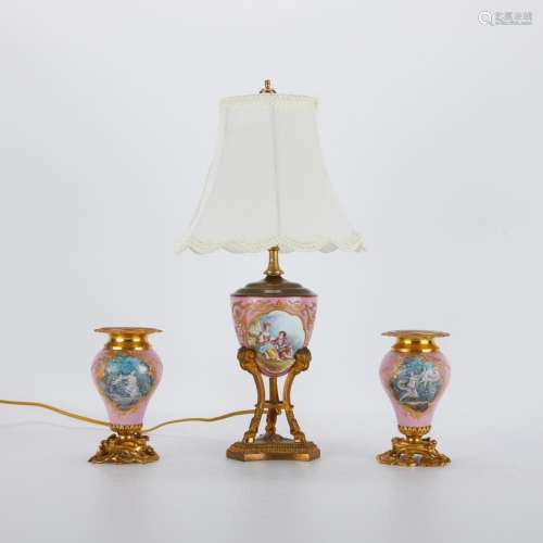 3 Pink French Sevres Style Vases, Lamp