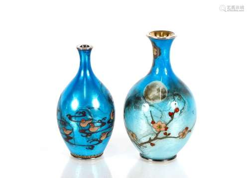 Two very small Japanese Meiji period enamel on white metal v...