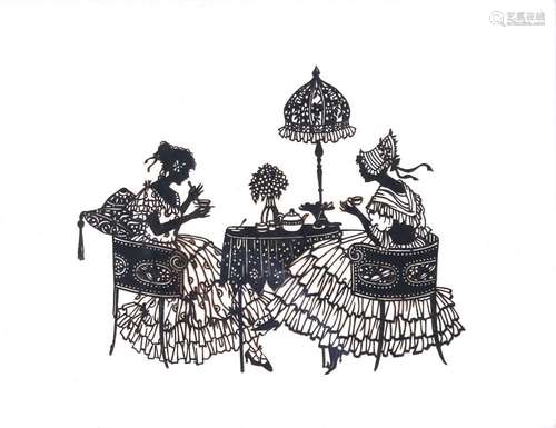 A Victorian cut out silhouette picture, depicting ladies tak...