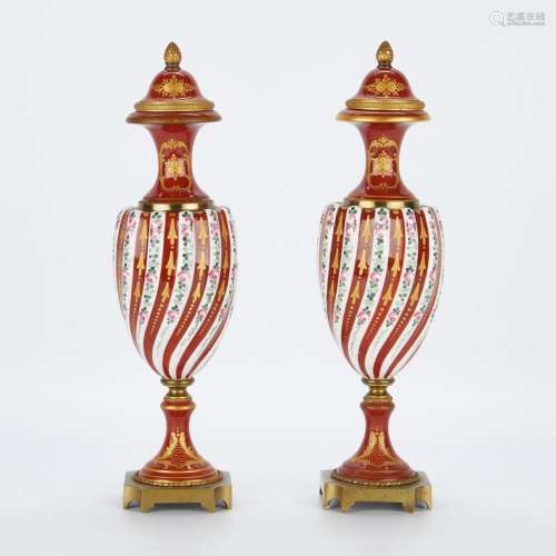 Pair French Sevres Style Striped Urns