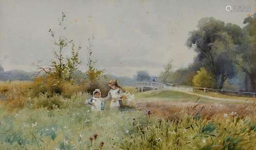 A Clarence, study of young girls picking wild flowers, water...