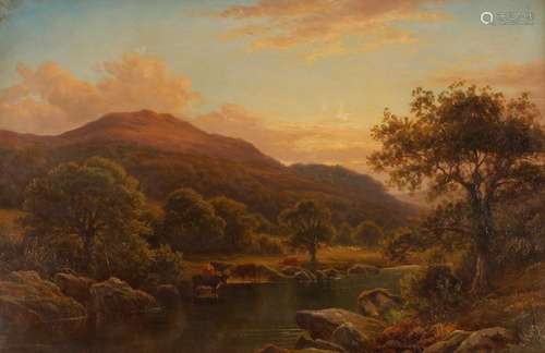 Thomas Spinks 1847-1927, river landscape with cattle waterin...