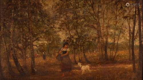 Albert Ludovici 1820-1894,  girl and goat walking in woodlan...