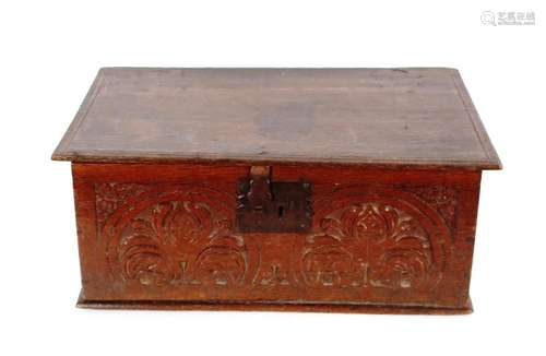 An 18th Century oak Bible box, with square iron lock plate a...