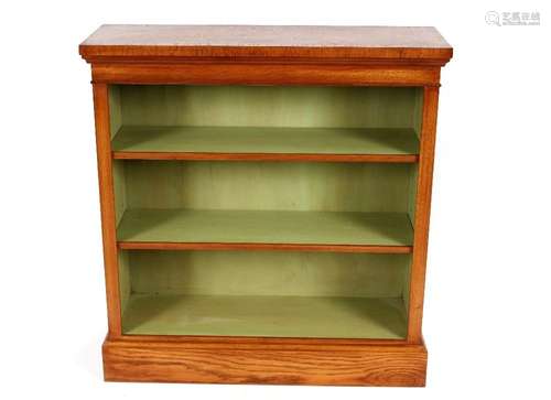 A burr oak and cross banded open fronted bookcase