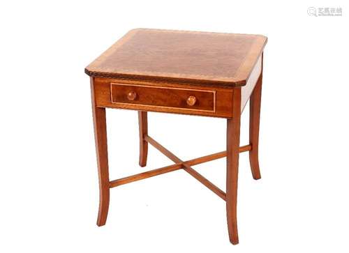 A pair of small inlaid walnut lamp tables, fitted