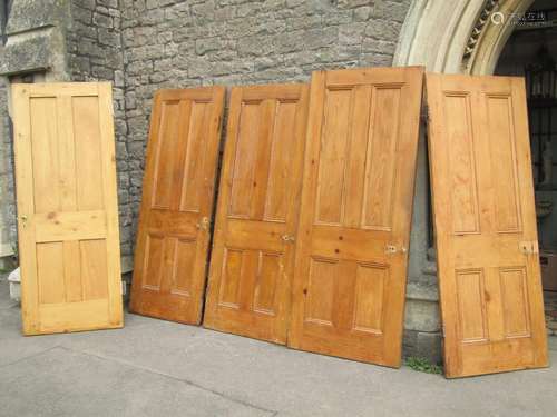 Five reclaimed stripped pine quarter panelled internal doors...