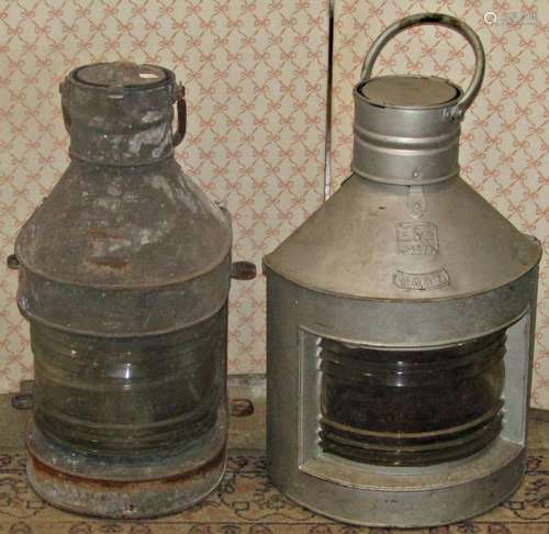 Two galvanised marine lanterns, port and mast head, one mark...