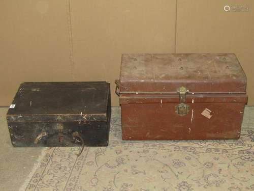 A small vintage tin trunk containing a quantity of old woodw...