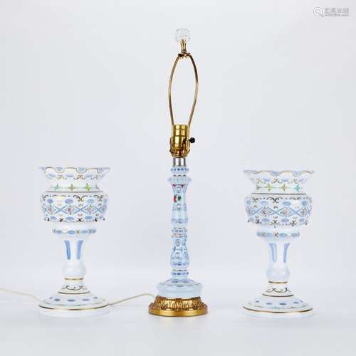 3 Bohemian Cut Overlay Glass Lustres and Lamp