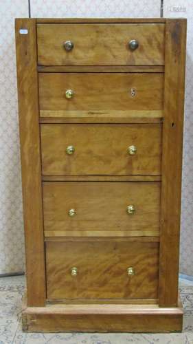 A Victorian satin birch Wellington chest of five long gradua...