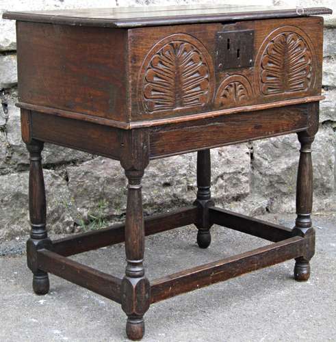 A Georgian oak bible box with hinged lid, steel lock plate a...