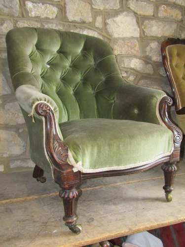 A 19th century spoon back drawing room chair with green dral...