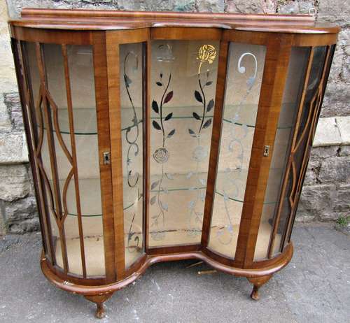 1950s walnut veneered china display cabinet with double bow ...