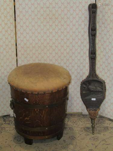 A Lister & Co coopered oak coal box with leather cushion...