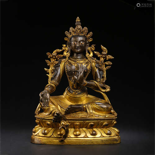 CHINESE QING DYNASTY BRONZE PARTIAL GILDED BUDDHA STATUE