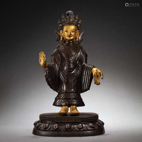 CHINESE QING DYNASTY BRONZE PARTIAL GILDED LIUPIN BUDDHA STA...