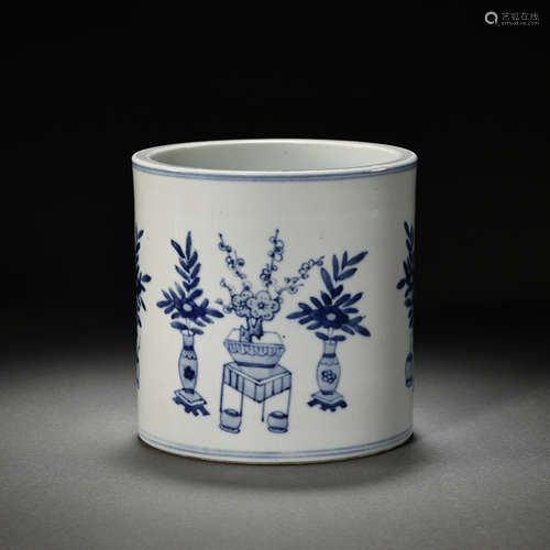 CHINESE QING DYNASTY BLUE AND WHITE PEN HOLDER